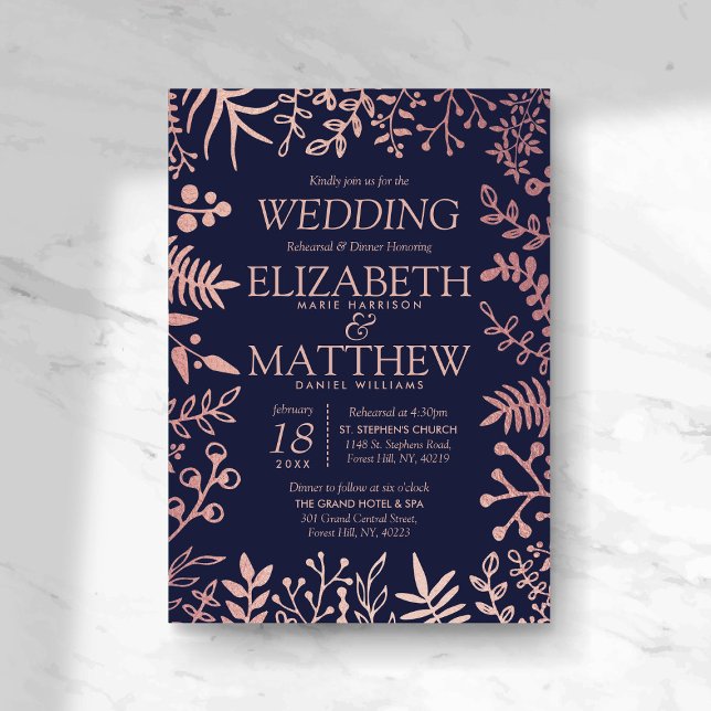 Elegant Navy & Rose Gold Floral Wedding Rehearsal Invitation (Creator Uploaded)