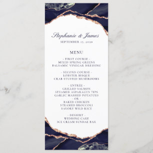 Elegant Navy Rose Gold Foil Agate Wedding Menu