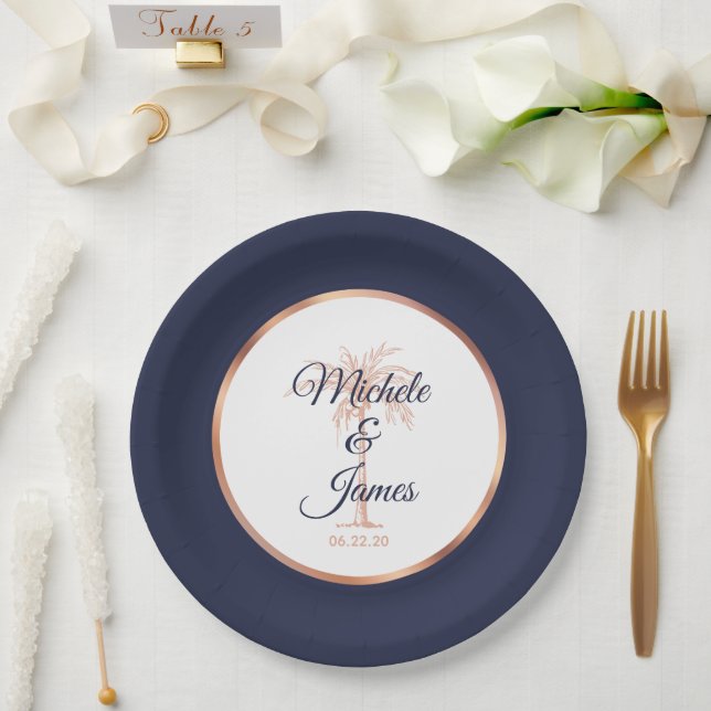Elegant Navy Rose Gold Palm Tree Tropical Wedding Paper Plate (Wedding)