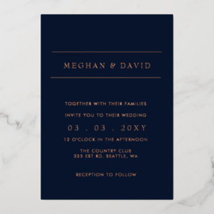 Elegant Navy Rose Gold Wedding  Foil Invitation