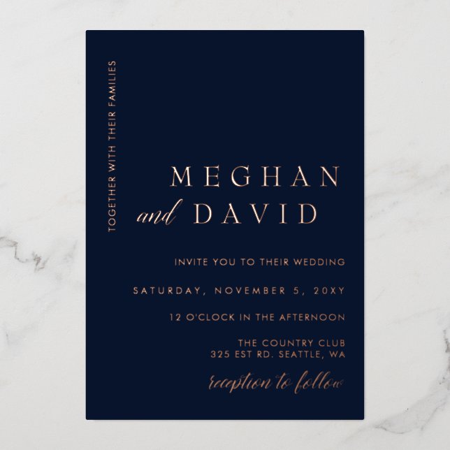 Elegant Navy Rose Gold Wedding  Foil Invitation (Front)