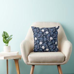 Elegant Navy Rose White Floral Pattern Cushion