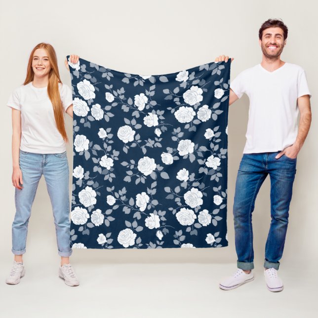 Elegant Navy Rose White Floral Pattern Fleece Blanket (In Situ)