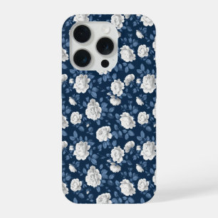 Elegant Navy Rose White Floral Pattern iPhone 15 Pro Case