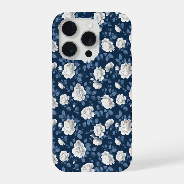 Elegant Navy Rose White Floral Pattern iPhone Case (Back)