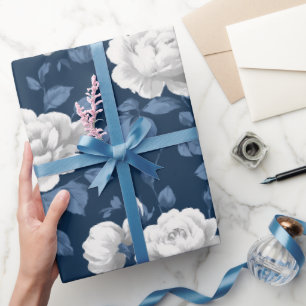 Elegant Navy Rose White Floral Pattern Wrapping Paper