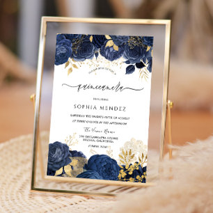 Elegant Navy Roses Gold leaf Quinceanera Party Inv Invitation