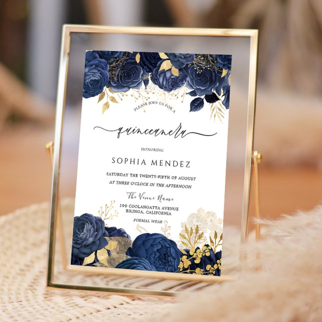 Elegant Navy Roses Gold leaf Quinceanera Party Inv Invitation (Creator Uploaded)