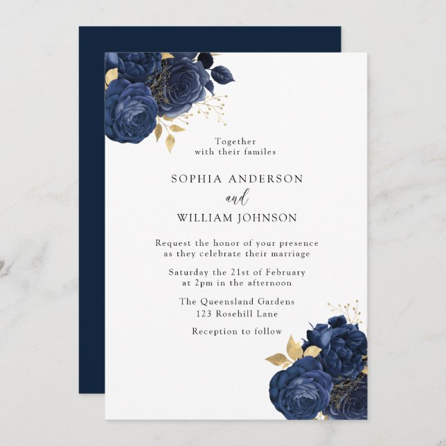Elegant Navy Roses & Gold Modern Floral Wedding Invitation (Front/Back)
