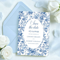 Elegant Navy Roses Toile Save the Date Wedding Car