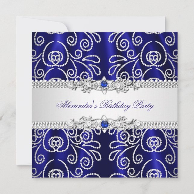 Elegant Navy Royal Blue Lace Diamond Overlay Party Invitation (Front)