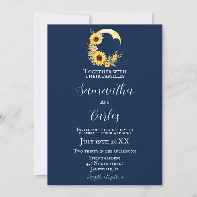 Elegant, Navy, rustic sunflower moon wedding Invitation (Front)
