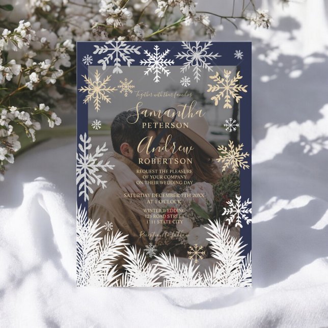Elegant Navy Rustic Winter Snowflakes Wedding Invitation (Elegant Navy Rustic Winter Snowflakes Wedding Invitation)
