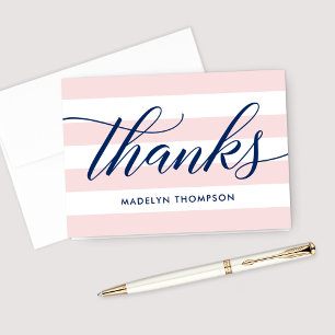 Elegant Navy Script Blush Pink Stripes Thank You Card