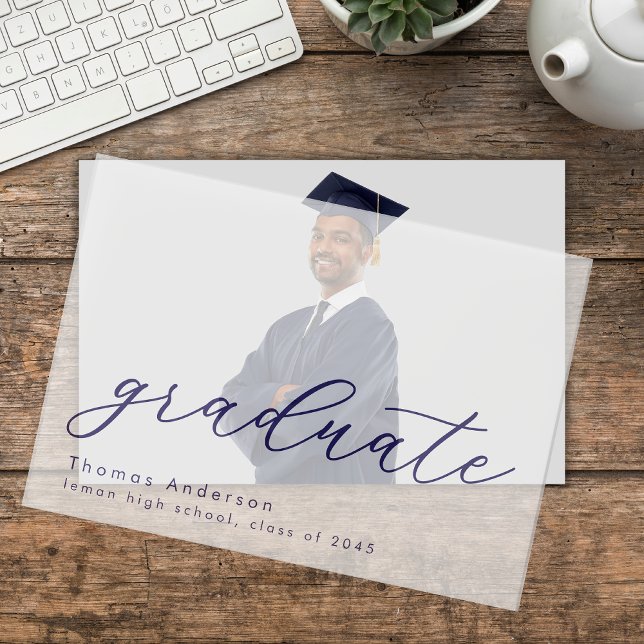 Elegant Navy Script Custom Graduation Overlay  Vellum Invitations (Creator Uploaded)