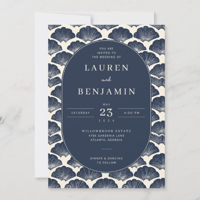 Elegant Navy Seashell Wedding Invitation (Front)
