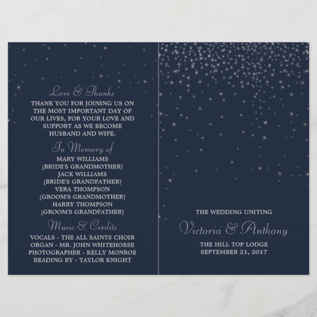 Elegant Navy & Silver Falling Stars Wedding (Front)