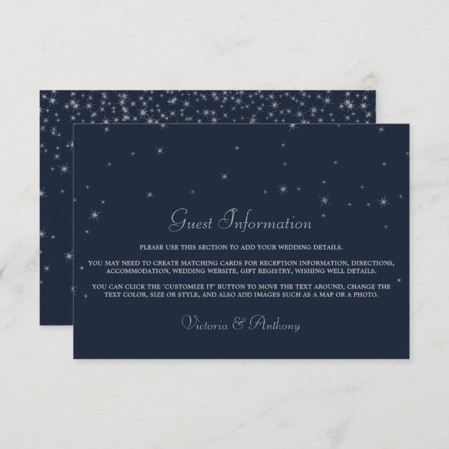 Elegant Navy & Silver Falling Stars Wedding Detail Enclosure Card (Front/Back)