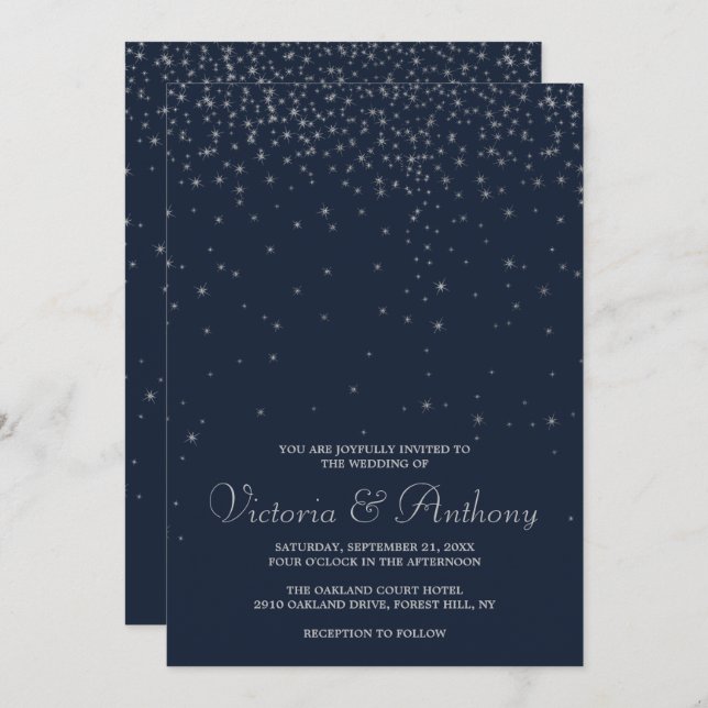 Elegant Navy & Silver Falling Stars Wedding Invitation (Front/Back)