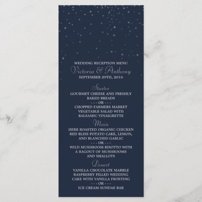 Elegant Navy & Silver Falling Stars Wedding Menu (Front)