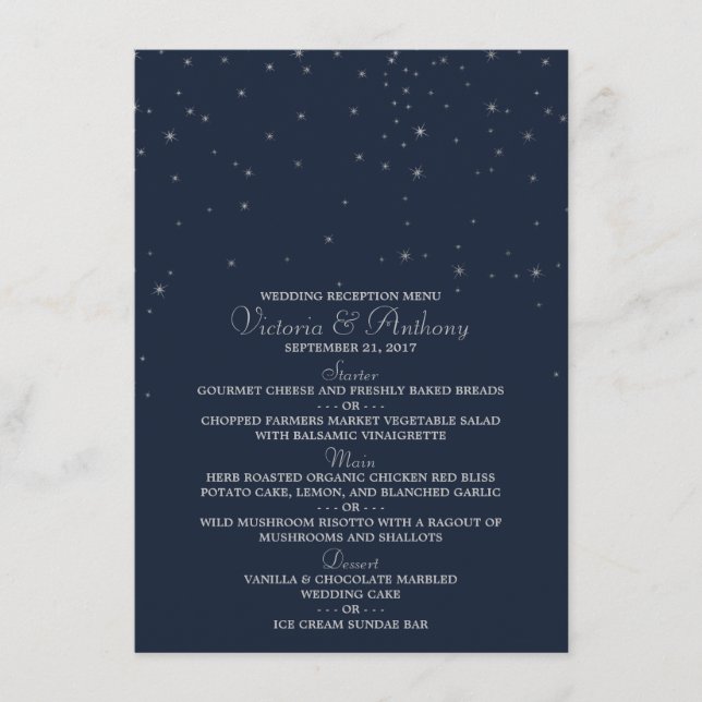 Elegant Navy & Silver Falling Stars Wedding Menu (Front)