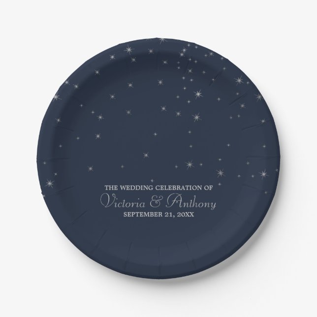 Elegant Navy & Silver Falling Stars Wedding Paper Plate (Front)