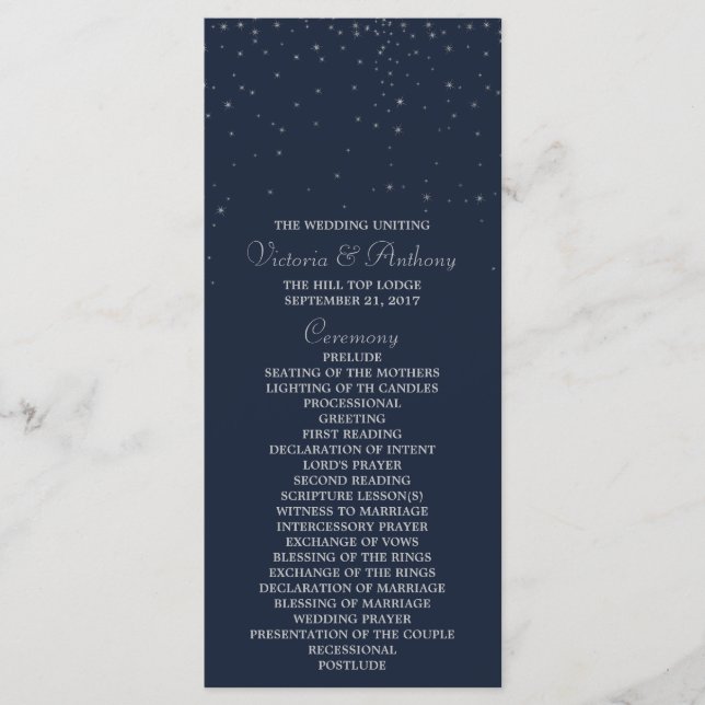 Elegant Navy & Silver Falling Stars Wedding Programme (Front)