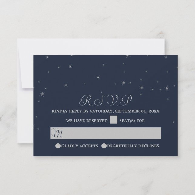 Elegant Navy & Silver Falling Stars Wedding RSVP Card (Front)