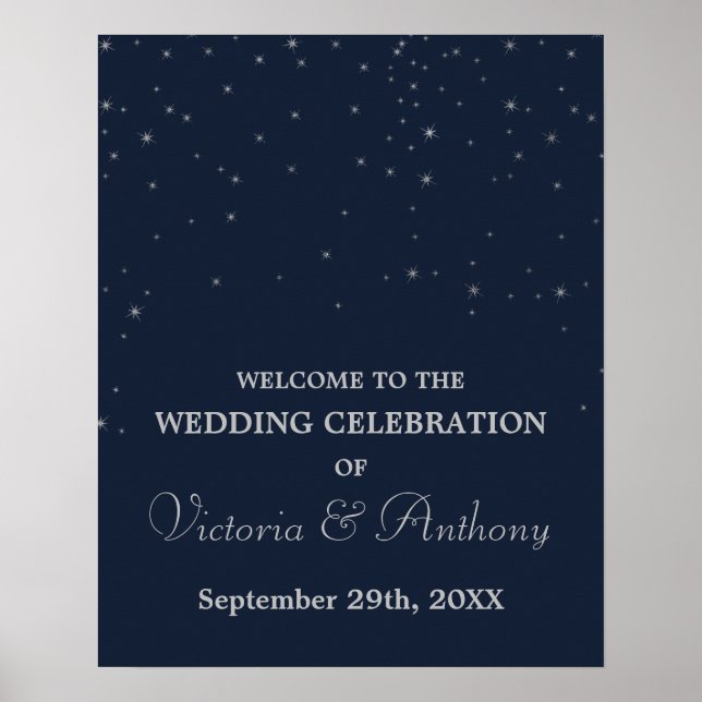 Elegant Navy/Silver Falling Stars Wedding Welcome Poster (Front)