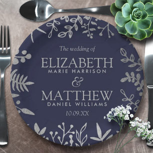 Elegant Navy & Silver Floral Wedding Collection Paper Plate