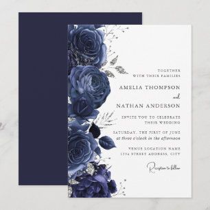 Elegant Navy Silver Floral Wedding Invitation