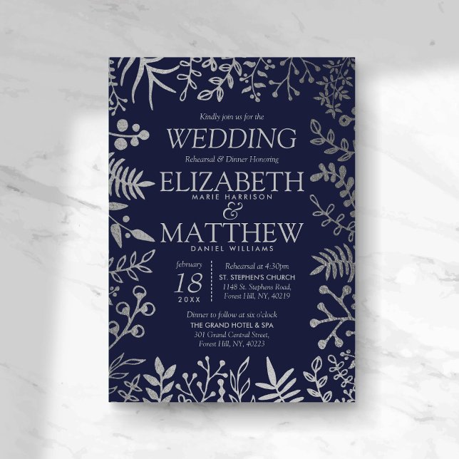 Elegant Navy & Silver Floral Wedding Rehearsal Invitation (Creator Uploaded)