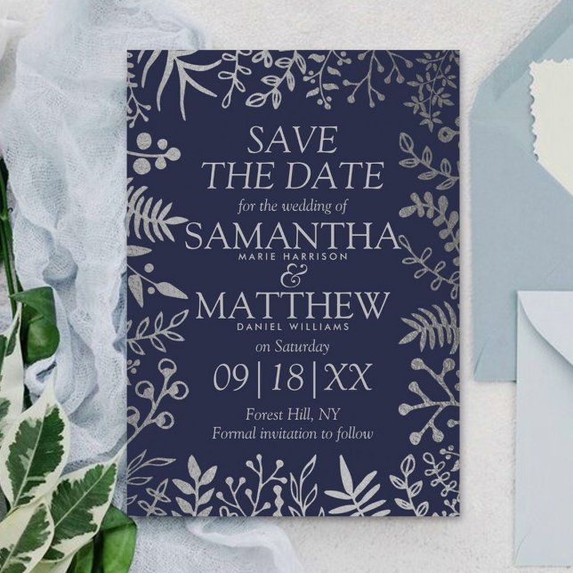 Elegant Navy & Silver Floral Wedding Save The Date (Creator Uploaded)