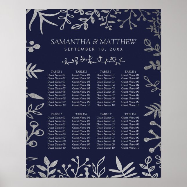 Elegant Navy & Silver Floral Wedding Seating Chart (Front)