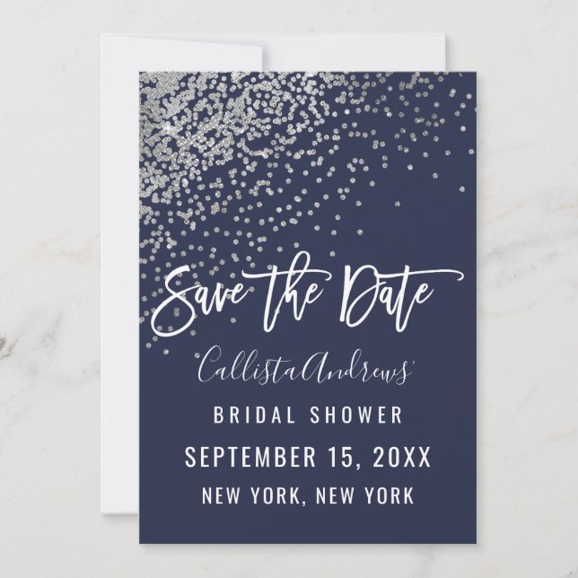 Elegant Navy Silver Glitter Confetti Bridal Shower Save The Date (Front)