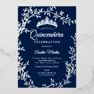 Elegant Navy Silver Leaf Wreath Quinceanera