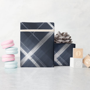 Elegant Navy Silver Luxury Grid Plaid Pattern Wrapping Paper