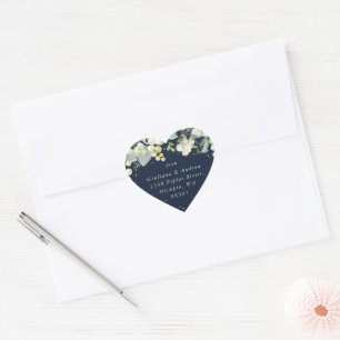 Elegant Navy Snowberry+Eucalyptus Address Heart Sticker