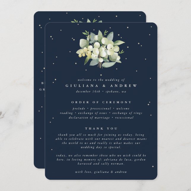 Elegant Navy Snowberry+Eucalyptus Bouquet Wedding Programme (Front/Back)