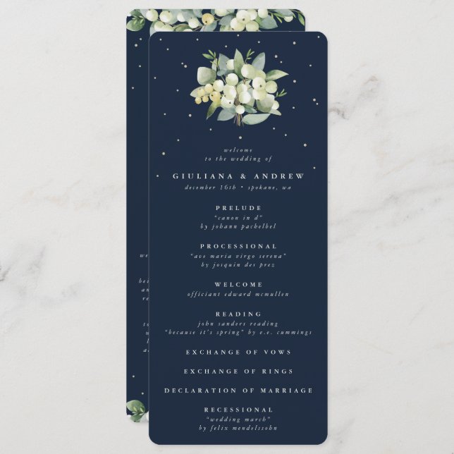 Elegant Navy Snowberry+Eucalyptus Bouquet Wedding Programme (Front/Back)