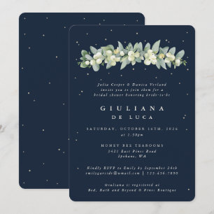 Elegant Navy Snowberry+Eucalyptus Bridal Shower Invitation
