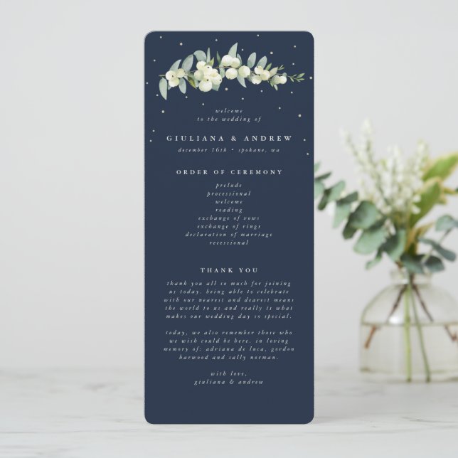 Elegant Navy Snowberry+Eucalyptus Stem Wedding Programme (Standing Front)
