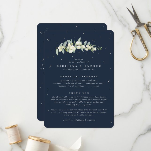 Elegant Navy Snowberry+Eucalyptus Stem Wedding Programme (Front/Back In Situ)