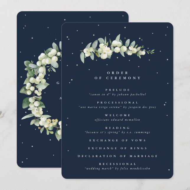 Elegant Navy Snowberry+Eucalyptus Stem Wedding Programme (Front/Back)