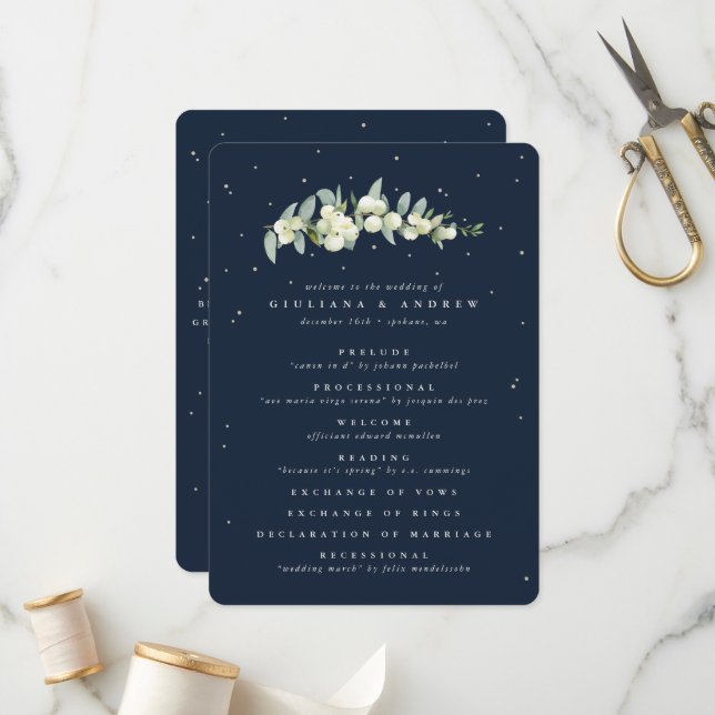 Elegant Navy Snowberry+Eucalyptus Stem Wedding Programme (Front/Back In Situ)