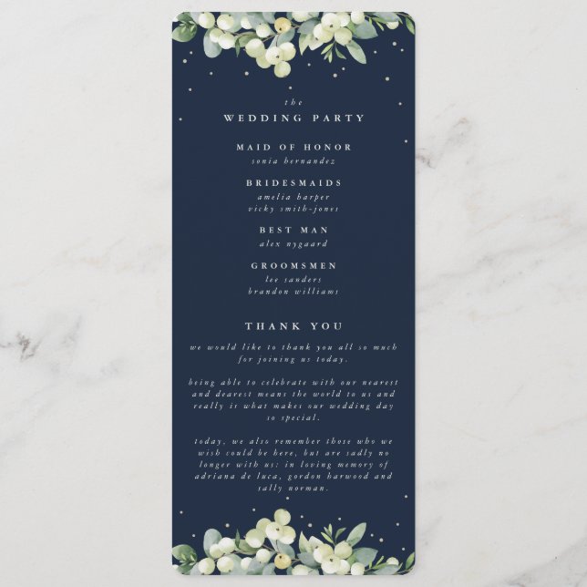 Elegant Navy Snowberry+Eucalyptus Stem Wedding Programme (Back)