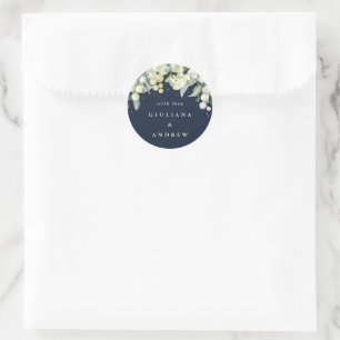 Elegant Navy Snowberry+Eucalyptus Wedding Classic Round Sticker