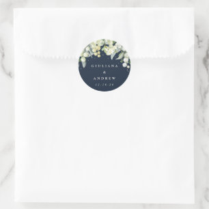 Elegant Navy Snowberry+Eucalyptus Wedding Classic Round Sticker