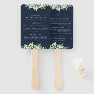 Elegant Navy Snowberry+Eucalyptus Winter Wedding Hand Fan
