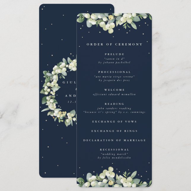 Elegant Navy Snowberry+Eucalyptus Winter Wedding Programme (Front/Back)